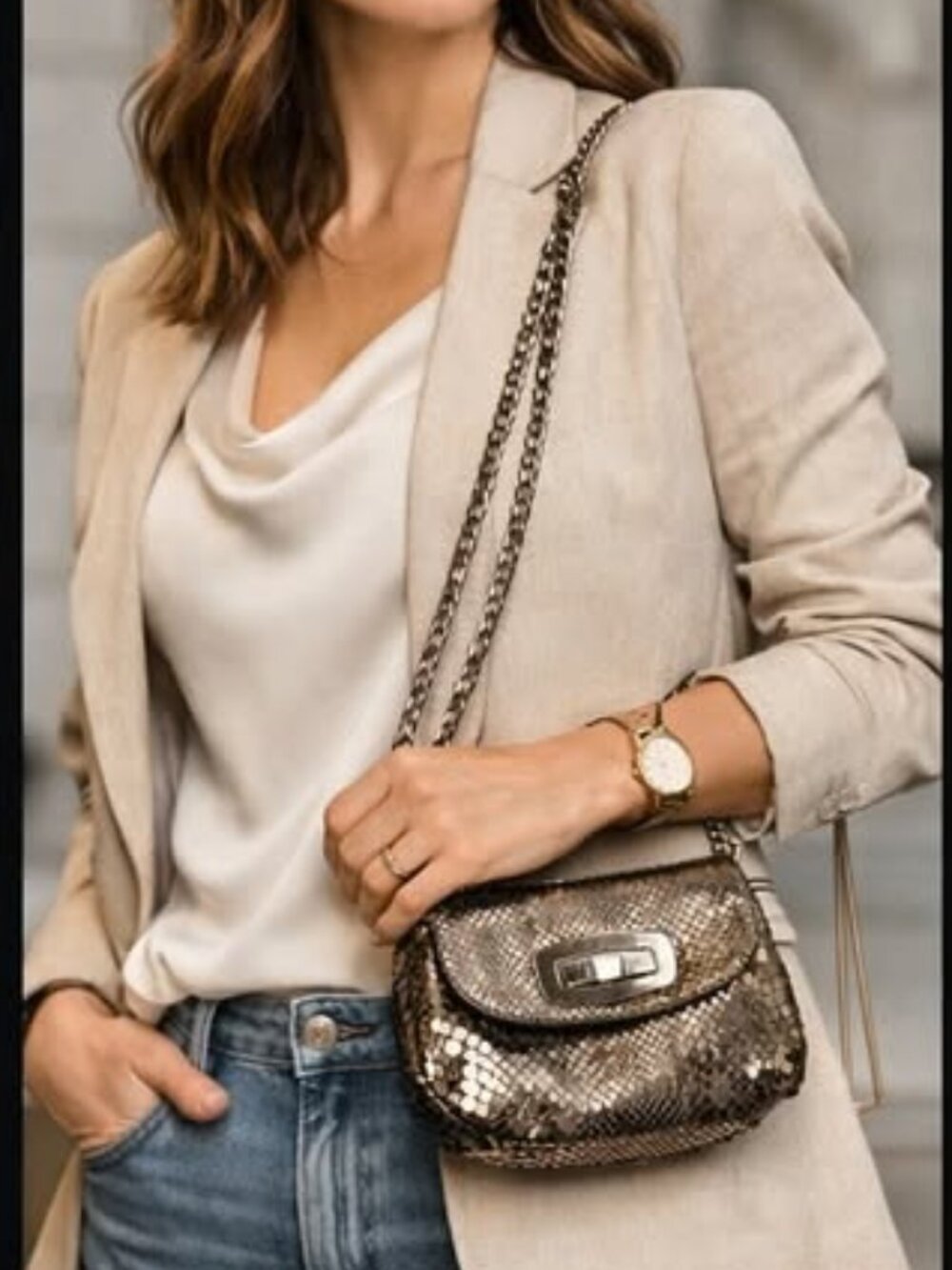 Stuart Weitzman Metallic Snakeskin Chain Bag – Silver Evening Clutch - Picture 8 of 8